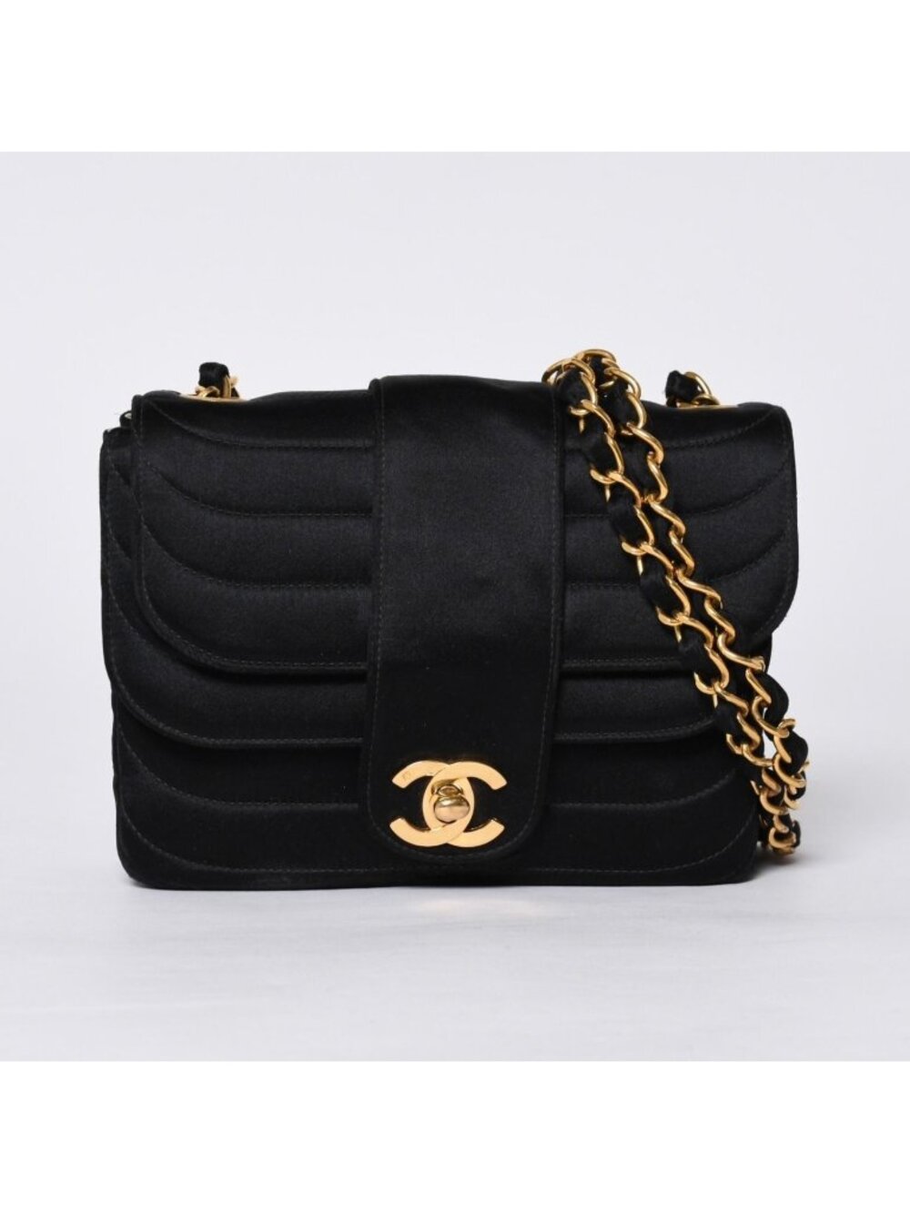 Chanel Mademoiselle Mini Chain Shoulder Bag CC Logo Satin Black Gold